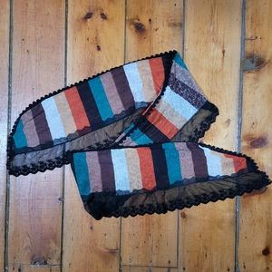 Boho Print Scarf Stripes Lace Embroidered Flowers Orange Teal Black